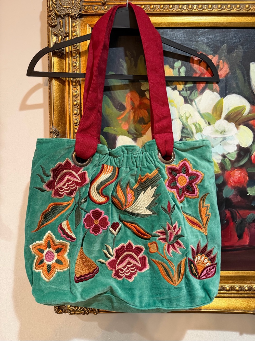 Embroidered Teal Velvet Tote with Wine Handles